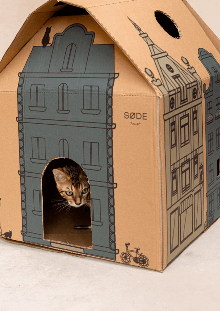 Sustainable cardboard house for cats in brown and blue, modern cat furniture